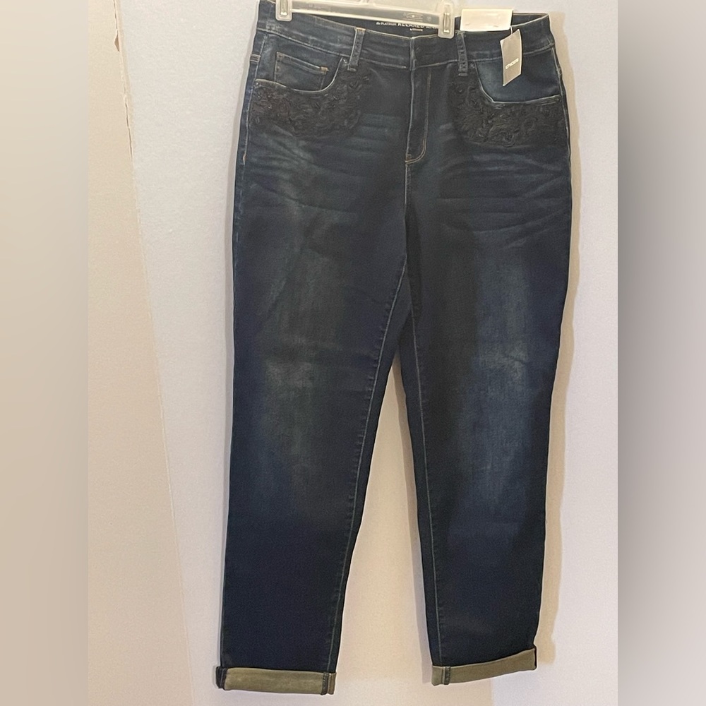 Chicos Size 1 Reg.Platinum Relaxed Ankle Dark Wash Beaded Lace Jeans, US Size 8